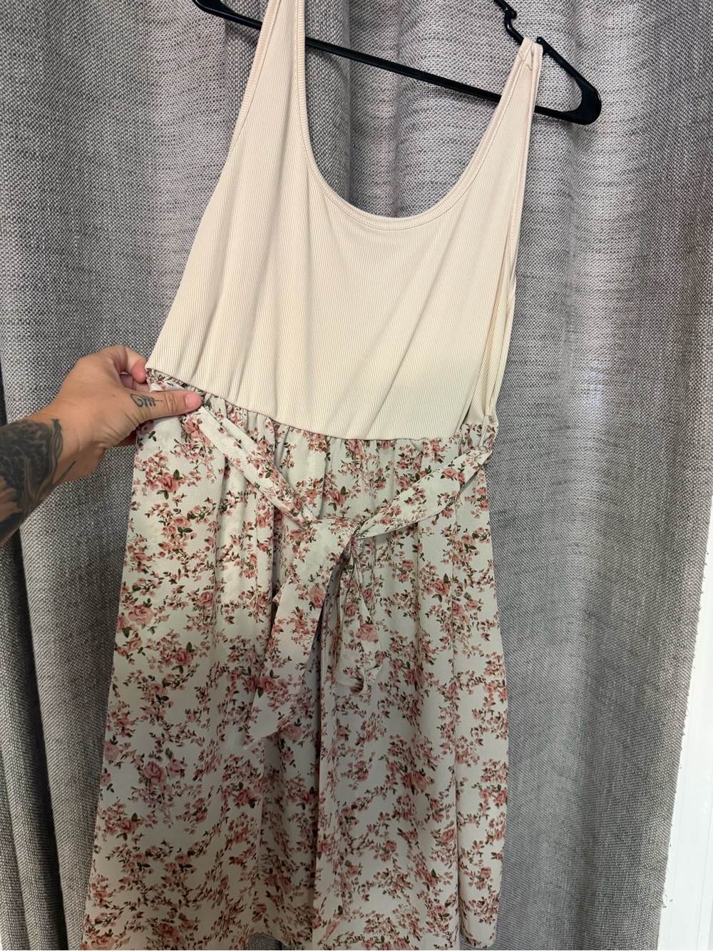 SHEIN Cream & Pink Floral Tank Jumpsuit with Tie Waist